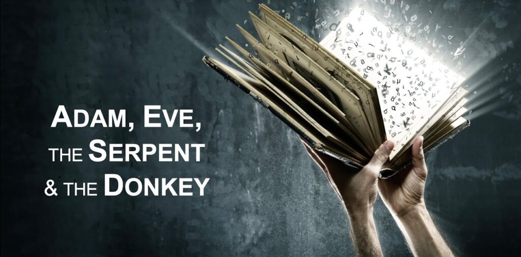 title Adam, Eve, the serpent and the donkey. two hands holding an open shining book with letter flying out of it.