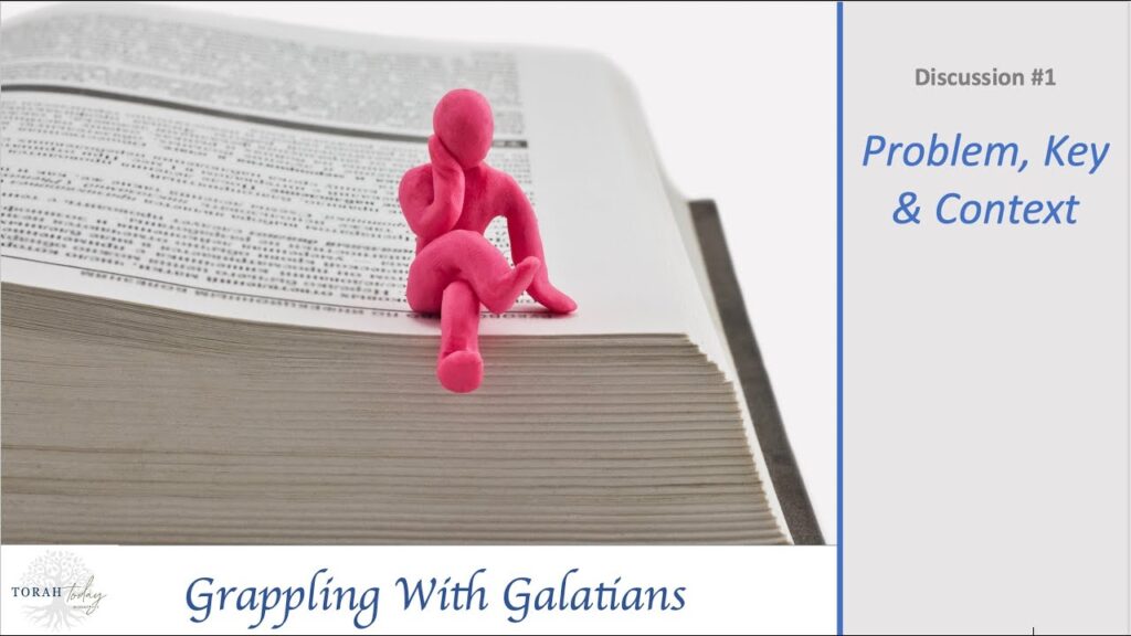 Grappling with Galatians. Discussion #1 Title - Problem, Key & and context. image of a pink clay man witting in a thinking position legs crossed on the edge of an open book