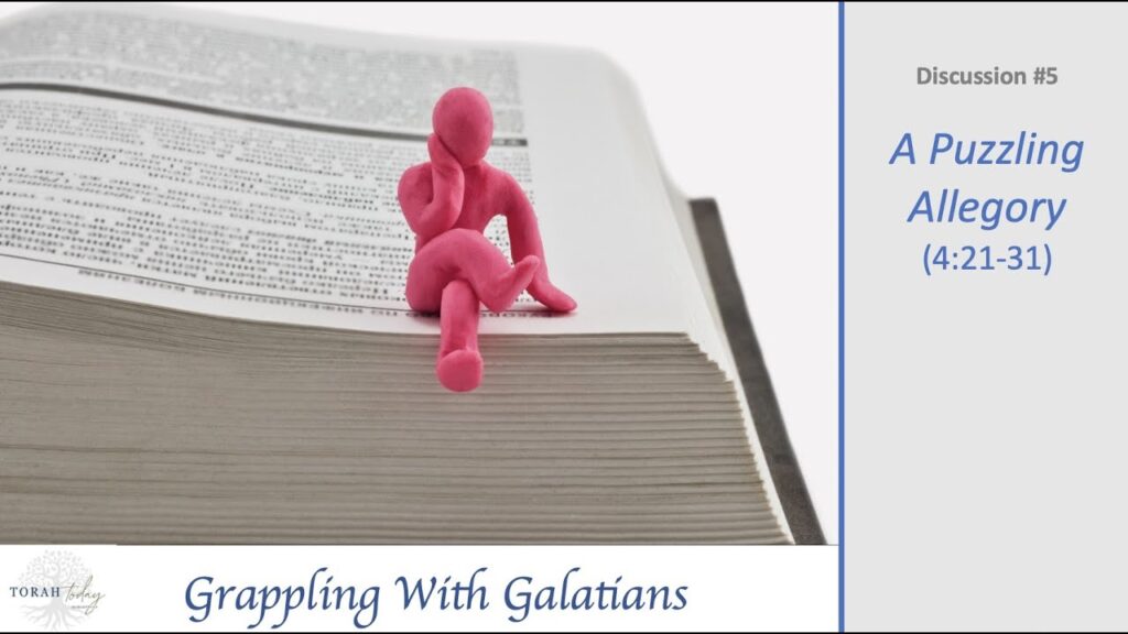 Grappling with Galatians. Discussion #5 Title - a puzzling allegory. image of a pink clay man witting in a thinking position legs crossed on the edge of an open book